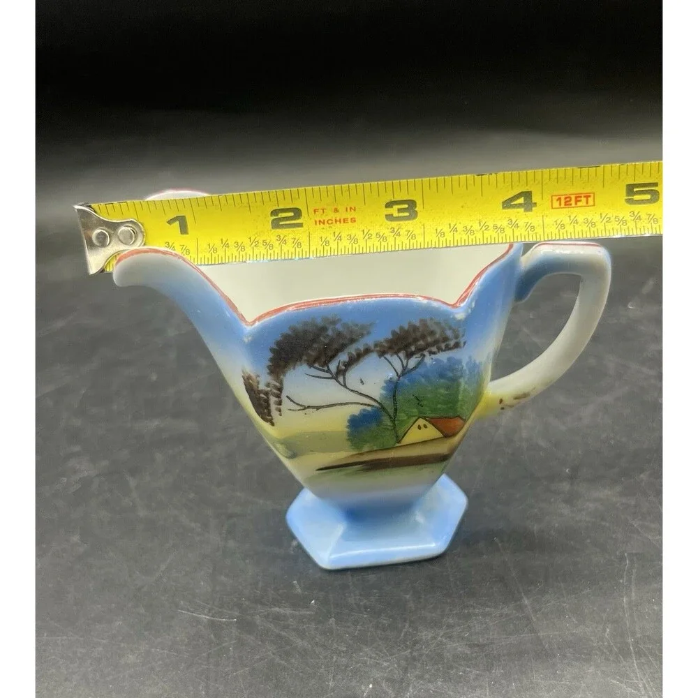 VTG Hand Painted Japan Porcelain Creamer Pitcher Cottage Landscape 4” Blue